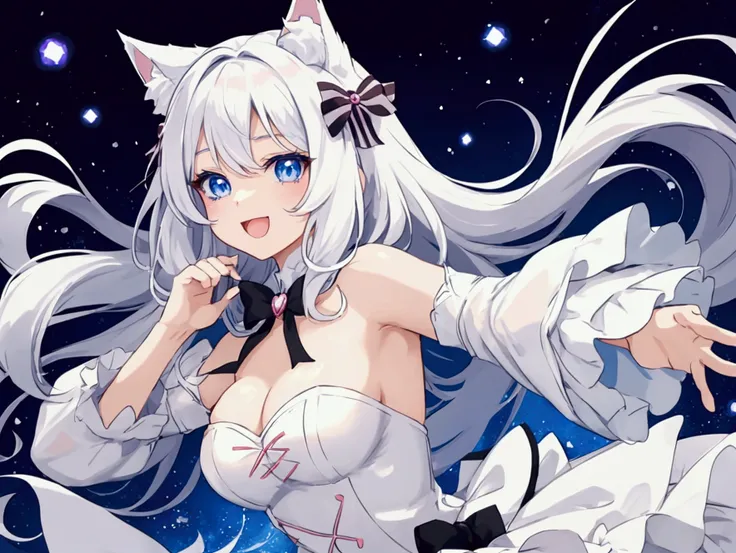 An anime girl with a pair of cat ears, the inside of the ears is soft white fluff, her eyes show happiness, she is excited and dancing excitedly, Beautiful eyes, white hair, Blue eyes, good art, good drawing, 2d anime, eletric girl in love