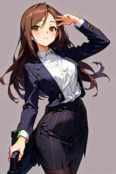 Anime-style image of a woman in a business suit holding a gun, Girl in suit, Girl in suit, Kantai Collection Style, Smooth anime CG art, Detailed Anime Character Art, I also make fan art, Anime Moe Art Style, Female Anime Characters, Official character art...