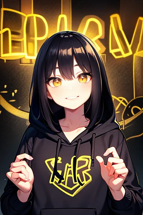 Detailed Background, masterpiece, Highest quality, smile, ornament, hoodie, Portraiture, Yellow Neon, graffiti, dark, night, Glowing Eyes, Black light