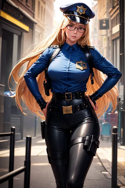 (8k), (High Definition), young girl, ( Hyperrealism), (detailing of the body), (no anomalies), Skinny body, big chest, thin waist, voluminous thighs, tanned skin, long blonde hair, glasses, blue police shirt, police cap, black leather belt, holster on the ...