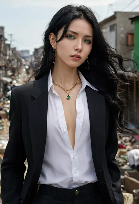 (masterpiece, best quality, highres, ultra-detailed), 1woman, long wave black hair, green eyes, handsome, detailed eyes and face, perfect body, earrings, ear piercing,  unbuttoned black blazer, white shirt, trousers, bare collarbones, chain necklace, city ...