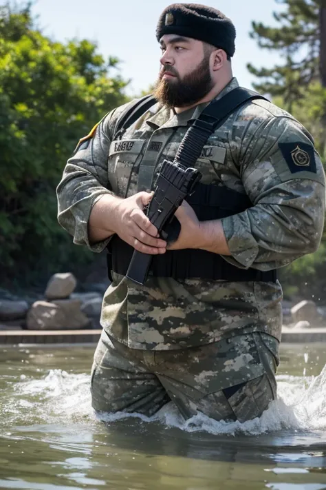 A man，He has the body of a bear.，Big muscles，Fat-encapsulated muscle，Beard，Not a big belly，soldier，Wearing blue camouflage tactical clothing，Military cap，He is taking a bath。