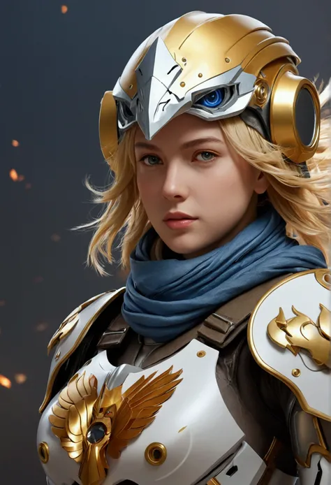 (((masterpiece))),16k,best quality, illustration, earth, water,fire,wind,space,1girl,blonde hair,beautiful mecha,shiny armor,eagle helmet,beautiful face,scarf,paper_cut,nsfw