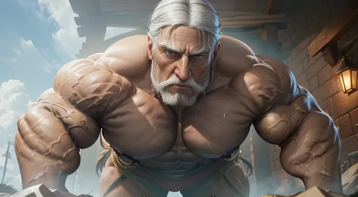 Giant 80 years old man, absurdly huge bulge, giant growing more and more, giantic, colossal, muscle domination, macrophilia, sexy, briefs, thick gray beard, white hair, long gray hair, broad shoulders, blue eyes, bushy gray eyebrows,  vascular, ((very dark...