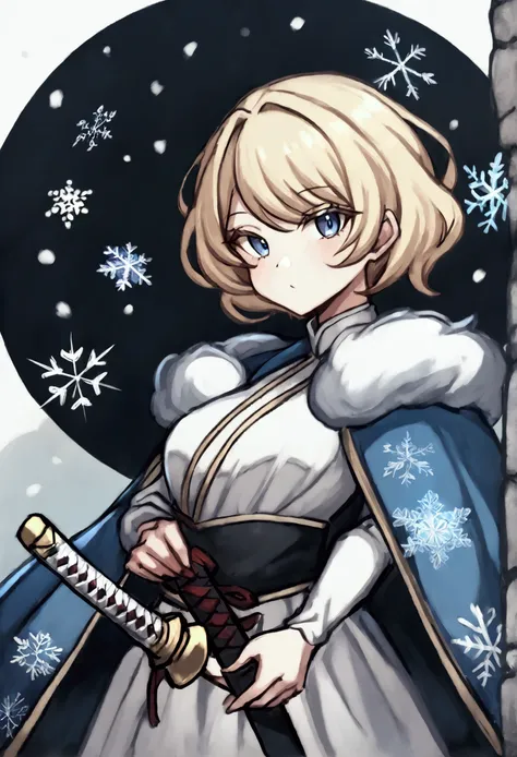 1 girl, with short hair, blondie hair, blue colored eyes, demon slayer style clothing, Hashira da neve, snowflakes on your clothes, white katana with blue,