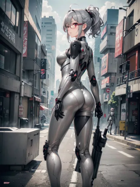 A pretty woman, 1 woman, Japanese, Alone, view from behind, perfect ass, ((gray metal plug suit:1.3)), ((many decorations plug suit), ((gray battle suit)), ((masterpiece)), ((Best Quality)), (ultra detailed), ((kawaii)), Beautiful, (beautiful), ((extremely...