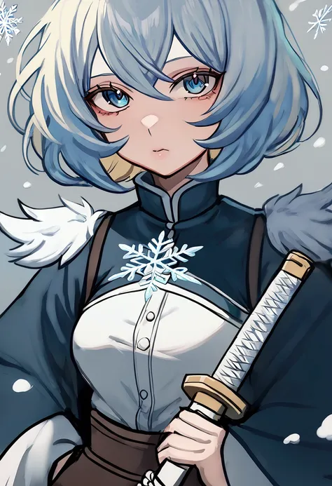 1 girl, with short hair, blondie hair, blue colored eyes, demon slayer style clothing, hashira da neve, snowflakes on your cloth...