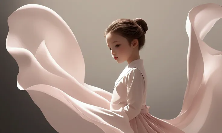 Beautiful dance photography；A little girl，Solitary；A dancing little girl，whole body像；[Black Eyeball，confidence，High and cold，happy]；[Long skirt elegant style，Long sleeve；Set，Light pink and white gradient，Traditional style，The skirt has no pattern，The hem o...