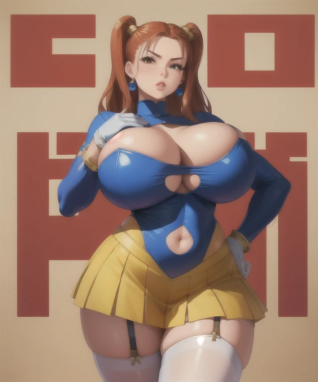 (best quality), (masterpiece), 1 girl, early 20s, huge heavy breasts, busty, massive breasts, thick, thick lips, wide hips, thin waist, jessica albert, Blue leotard, Yellow microskirt, White elbow gloves, White thighhighs, Garter straps, Bracelet, Navel cu...