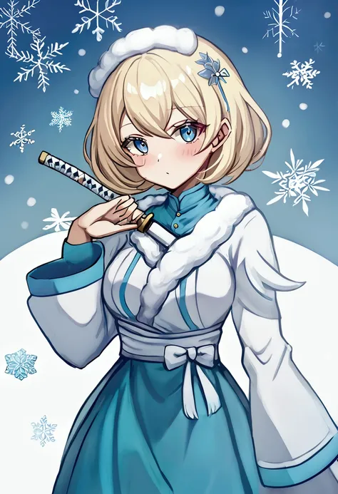 1 girl, with short hair, blondie hair, blue colored eyes, demon slayer style clothing, Hashira da neve, snowflakes on your clothes, white katana with blue, White background