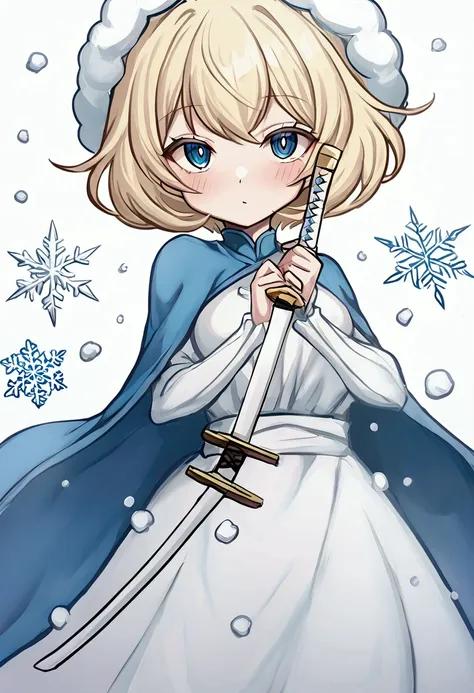 1 girl, with short hair, blondie hair, blue colored eyes, demon slayer style clothing, Hashira da neve, snowflakes on your clothes, white katana with blue, White background