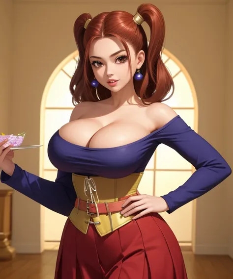 (best quality), (masterpiece), 1 girl, early 20s, huge heavy breasts, busty, massive breasts, thick, thick lips, wide hips, thin waist, jessica albert, Purple off-shoulder shirt, Long sleeves, Cleavage, Yellow corset, long red skirt