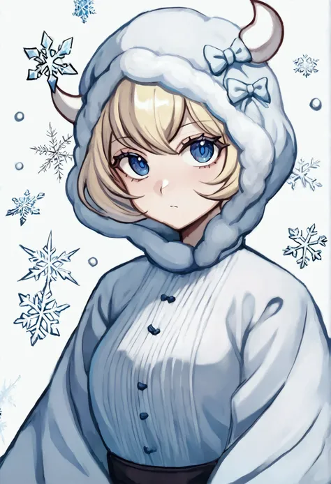 1 girl, with short hair, blondie hair, blue colored eyes, demon slayer style clothing, Hashira da neve, snowflakes on your clothes, white katana with blue, White background