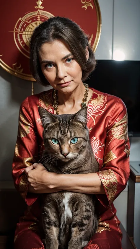 
Close up photo of a graceful 70 year old woman hugging a cat. The old woman wore a red dress with batik ornaments. Medium cat with metallic gray fur with blue eyes. Futuristic style