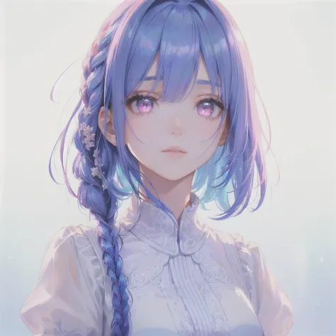 Sky Blue Medium Hair, (Braided Hair),(Pink Eyes),Fair skin ,(whole body),(1 girl)、Straight bangs,(masterpiece, Highest quality, Very detailed, Best Shadow), (Detailed Background), (Beautifully detailed face), High Contrast, (Best lighting, Very delicate an...