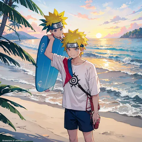 Create a vibrant and lively image of Naruto Uzumaki from the Naruto series, depicted in modern casual clothes as if hes preparing for a day at the beach in Goa. Naruto is wearing a stylish, comfortable outfit suitable for a beach outing: a brightly colored...