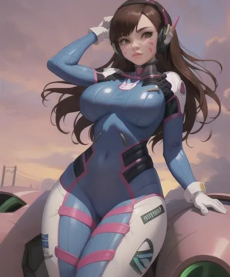 (best quality), (masterpiece), 1 girl, early 20s, huge heavy breasts, busty, massive breasts, thick, thick lips, wide hips, thin waist, d.va, bodysuit, brown hair, facial mark, gloves, breasts, brown eyes, pilot suit, cowboy shot, headphones, white gloves,...