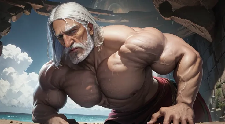 Giant 80 years old man, absurdly huge bulge, thick pronounced gray beard, giant growing more and more, giantic, colossal, muscle domination, macrophilia, sexy, briefs, thick gray beard, white hair, long gray hair, broad shoulders, blue eyes, bushy gray eye...