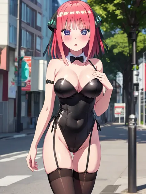 best quality, insanely detailed, nino nakano, breasts, blush, outdoor background, bare-shoulder, looking at viewer, garter strap, a black ribbon, pantyhose, highleg leotard