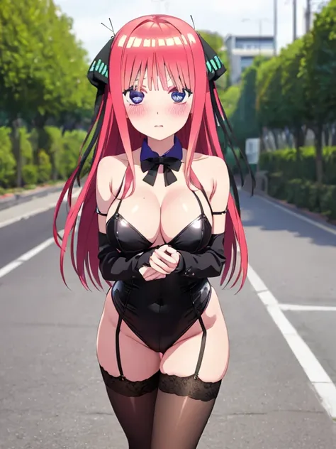 best quality, insanely detailed, nino nakano, breasts, blush, outdoor background, bare-shoulder, looking at viewer, garter strap, a black ribbon, pantyhose, highleg leotard