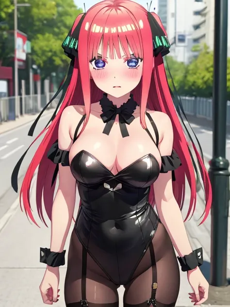 best quality, insanely detailed, nino nakano, breasts, blush, outdoor background, bare-shoulder, looking at viewer, garter strap, a black ribbon, pantyhose, highleg leotard