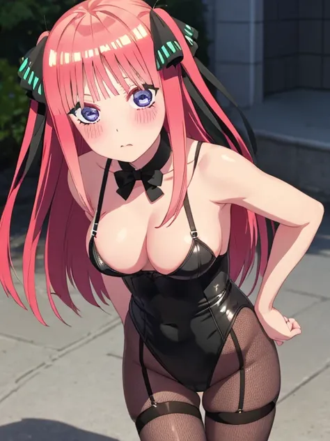 best quality, insanely detailed, nino nakano, breasts, blush, outdoor background, bare-shoulder, looking at viewer, garter strap, a black ribbon, pantyhose, highleg leotard