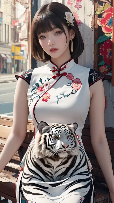 Mature Woman、((Gray Hair))、(((Two-tone hair)))、(((White cheongsam embroidered with a white tiger)))、((((A wall painted with a white tiger))))、Slender women、Cute Woman、 8K Ultra HD,Detailed face、Delicate texture, Long Hair、(((Blunt bangs)))、(Thigh-length st...