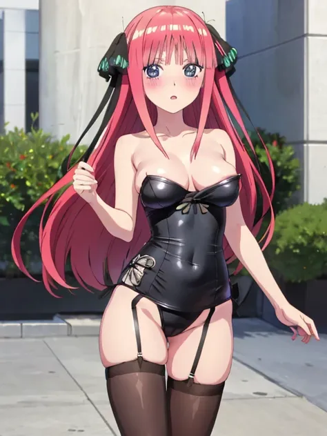 best quality, insanely detailed, nino nakano, breasts, blush, outdoor background, bare-shoulder, looking at viewer, garter strap, a black ribbon, pantyhose, highleg leotard, nipple