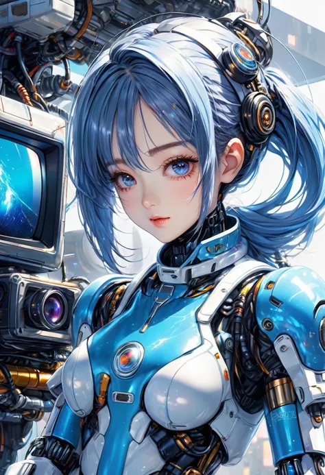 Close-up of a person wearing a space suit and holding a television, cute Cyborg Girl, Portrait Anime Astronaut Girl, Blue Cyborg, Cyborg - Girl, Anime Manga Robot!! Anime Girls, 詳細なSci-Fi Art, Cyborg Girl, Digital Cyberpunk Anime Art, Digital Cyberpunk - A...