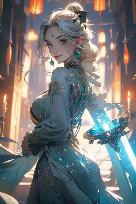 Perfect face. Perfect hands. A young silver haired woman with green eyes and an hourglass figure is holding a skull in the shrine with a big smile
