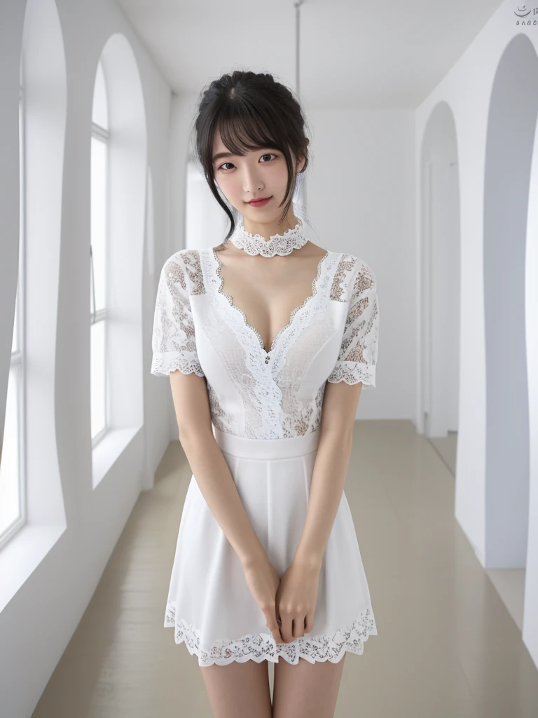 (Highest quality:1.9)、(High resolution)、Live-action image quality、((19 year old female university student、1 person))、Soft lighting by a professional photographer、Natural light、((Very spacious white luxurious room:1.6))、((Bright white room:1.6))、(Standing i...