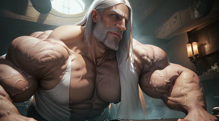 Giant 80 years old man, absurdly huge bulge, thick pronounced gray beard, giant growing more and more, giantic, colossal, muscle domination, macrophilia, sexy, briefs, thick gray beard, white hair, long gray hair, broad shoulders, blue eyes, bushy gray eye...