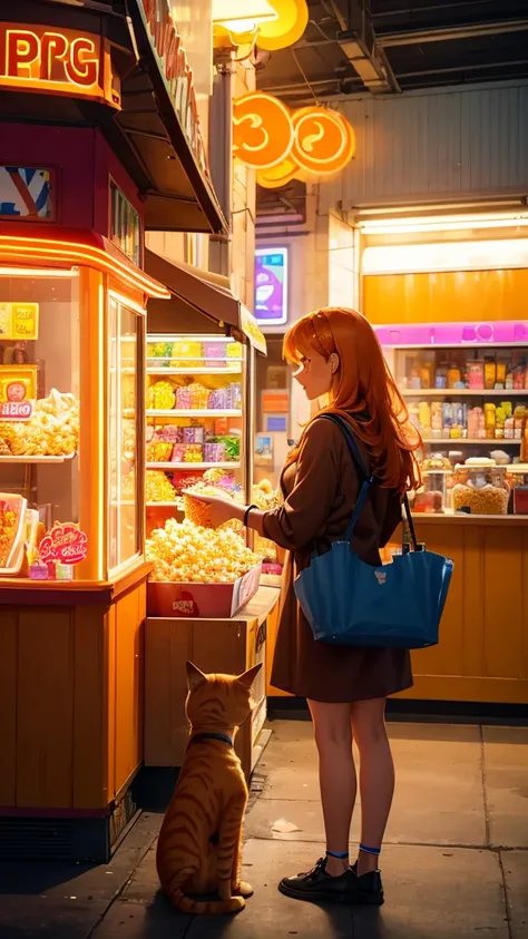 At the brightly lit concession stand, the young lady with a friendly and vibrant aura, dressed in a casual brown dress, purchases a large bucket of popcorn at the movie hall. The orange cat and the orange tabby kitten is seen standing in the queue along wi...