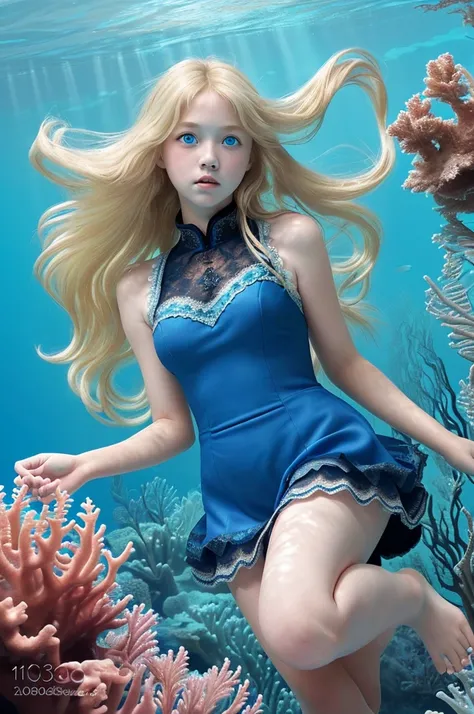 Photograph taken underwater of a primary school girl, swimming, big but blue eyes, long blonde hair, age 8 years, lace dress, reef seabed, colorful fish, dramatic light,