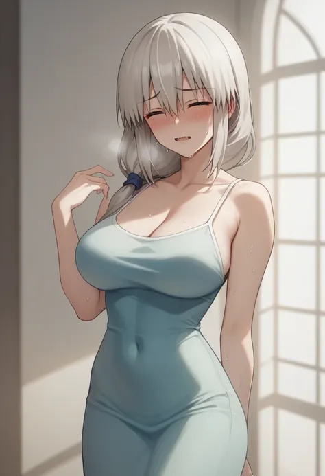 large breasts、blush、sweat、in the heat、long white hair、braiding、uzaki_fortune、
{highest quality}, {so beautiful}, {very detailed}...