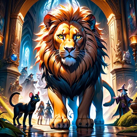 a black cat wearing boots, cunning fox eyes, wizard, lion and mouse in a group portrait, detailed intricate fantasy scene, highly detailed, cinematic lighting, dramatic colors, mesmerizing, award winning digital art, oil painting, 8k, photorealistic, maste...