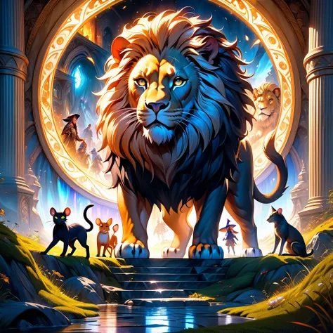 a black cat wearing boots, cunning fox eyes, wizard, lion and mouse in a group portrait, detailed intricate fantasy scene, highly detailed, cinematic lighting, dramatic colors, mesmerizing, award winning digital art, oil painting, 8k, photorealistic, maste...