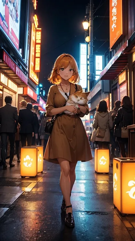 The young lady, dressed stylishly in her brown dress, walks towards a beautifully lit cinema hall with a large board that reads "Pet-Friendly Cinema." She holds the orange fluffy cat in her arms, while the orange tabby kitten peeks out from her handbag. Th...