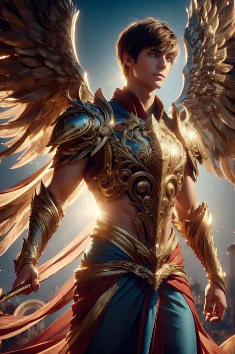 WINGED MAN, SAINT MAN, short fringe HAIR, BROWN HAIR, HUGE BROWN FEATHERS, LONG BLUE DRESS, PALE SKIN, BLUE EYES, LIGHTING EYES, ROSY CHEEKS, MENTAL FORAMEN, ATHLETIC BODY, MUSCLES, LIGHTING AURA, GOLD BRACELETS, GOLD GAUNTLETS, BACKLIGHTS, SUN, RIVER, SAI...