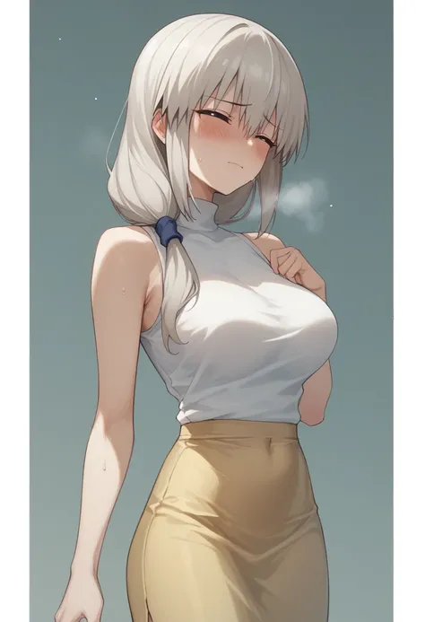 Large Breasts、blush、Sweat、In the heat、Long white hair、Braiding、uzaki_fortune、
{Highest quality}, {so beautiful}, {Very detailed}, {Best illustrations},Life、slim:1.5、Sleeveless High Neck Knit(tight)、black long maxi(tight)skirt、Are standing