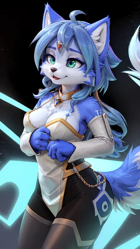 A beautiful and detailed (sweet portrait) wa ((krystal)), Star Fox krystal, sslim, green eyes, medium breasts, (((Long blue hair 1.3))), Decollete, look up, anthro, furry, Uploaded E621, detailed fluffy fur, (wa Fluff-Kevlar, Bayard Wu, personalize me, Pin...