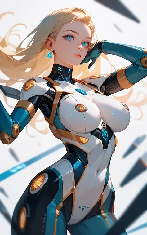 girl, golden ultron suit, blonde, blue eyes, Hyper Realistic, masterpiece