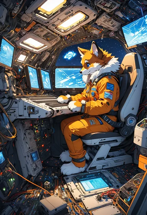 cover page, top quality, best quality, High-quality illustrations, masterpiece, absurdres, perfect anatomy, male only, furry, couple drawing)sitting in a spacious spaceships cockpit(fixing an emergency error on the motherboard, panic lights, small build, t...