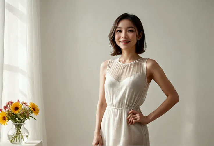 A lovely woman (simple sheer dress, joyous expression, pure love), posing near a flower vase, plain white room backdrop, well lit