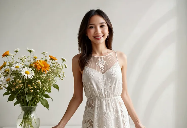 A lovely woman (simple sheer dress, joyous expression, pure love), posing near a flower vase, plain white room backdrop, well lit