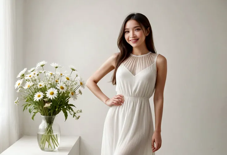 A lovely woman (simple sheer dress, joyous expression, pure love), posing near a flower vase, plain white room backdrop, well lit