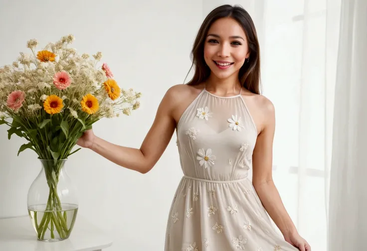 A lovely woman (simple sheer dress, joyous expression, pure love), posing near a flower vase, plain white room backdrop, well lit
