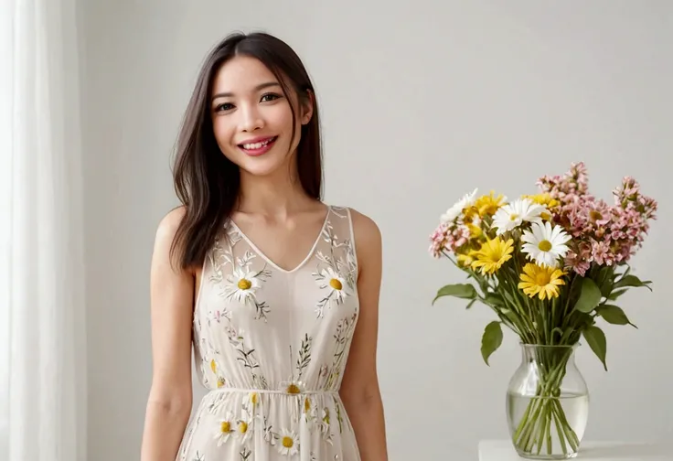 A lovely woman (simple sheer dress, joyous expression, pure love), posing near a flower vase, plain white room backdrop, well lit
