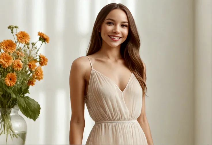 A lovely woman (simple sheer dress, joyous expression, pure love), posing near a flower vase, plain white room backdrop, well lit
