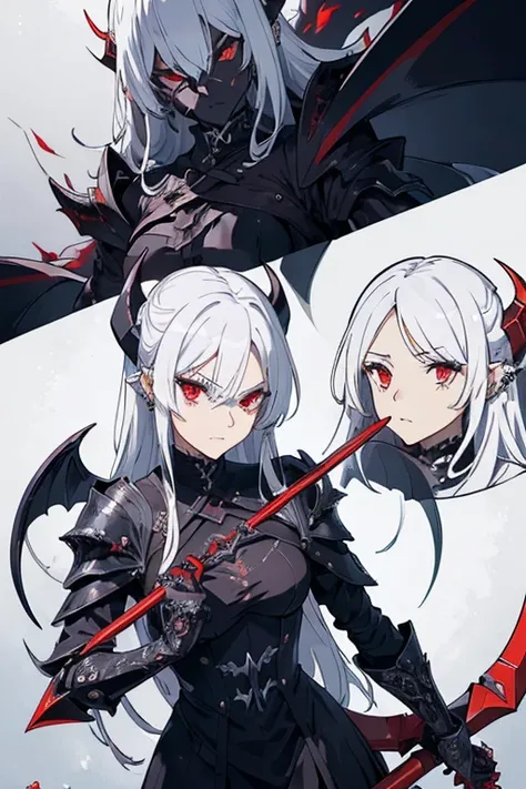 (((masterpiece, best quality, ultra detailed, 8k))) (((detailed character design sheet))) female character wearing a demonic armor in purple, black, and white. She wields a large, stylized scythe matching the armor. The character has long white hair, pierc...